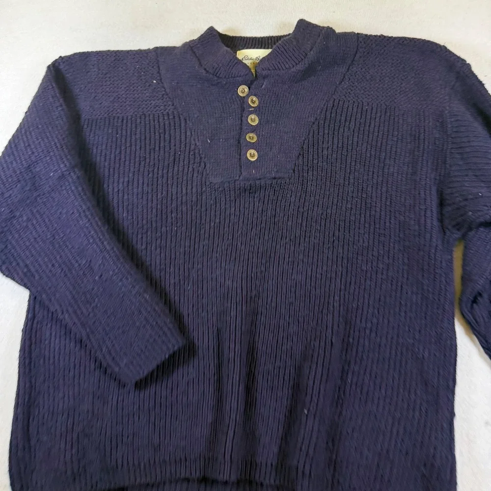 Eddie Bauer Mens XL Navy Blue Cotton Ribbed Knit Henley Pullover Sweater Vintage